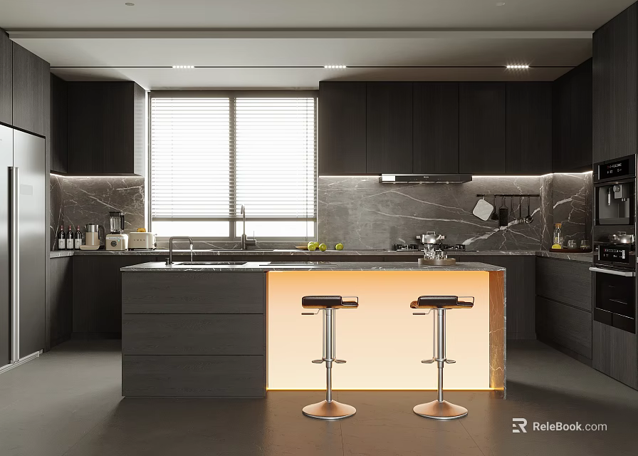 Modern Kitchen Interior With Dark Cabinets Island Bar Stools And Marble Backsplash 3d model 