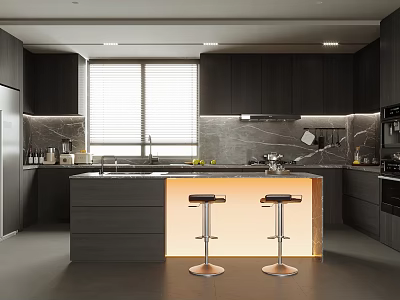 Modern Kitchen Interior With Dark Cabinets Island Bar Stools And Marble Backsplash 3d model