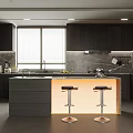 Modern Kitchen Interior With Dark Cabinets Island Bar Stools And Marble Backsplash