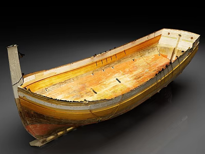 Vintage Wooden Boat Model With Weathered Hull And Wooden Support 3d model