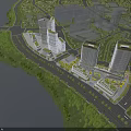 Waterfront Modern Commercial Complex With Tall Buildings Lush Greenery And Surrounding Roads