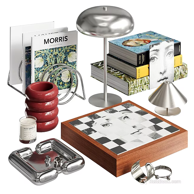 Elegant Decorative Ornament Set With Books Red Rings Silver Tray Chessboard And Metal Lamp 3d model 