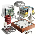 Elegant Decorative Ornament Set With Books Red Rings Silver Tray Chessboard And Metal Lamp