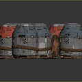 Multiple Red And Blue Metallic Cargo Boxes With Textured Surfaces On Gray Background