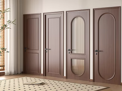 Brown Wooden Hinged Doors Featuring Different Styles and Glass Panels in Interior 3d model