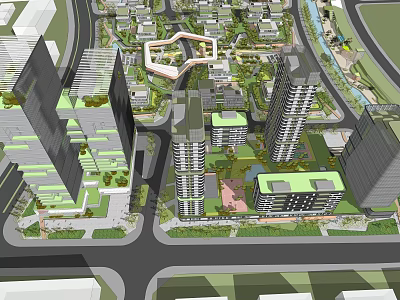 Urban City Planning Aerial View With High Rise Buildings And Green Spaces 3d model