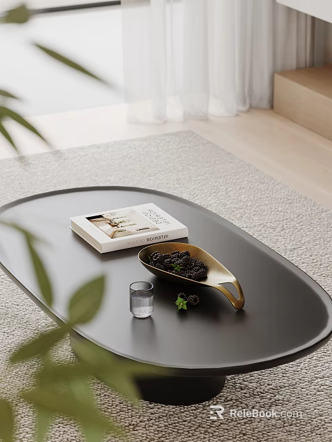 Black Coffee Table With White Box Golden Tray Black Berries Small Glass And Green Leaves 3d model 