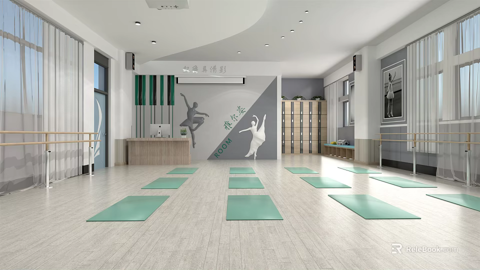 Indoor Yoga Fitness Studio With Green Mats Dancer Silhouette And Wooden Lockers 3d model 