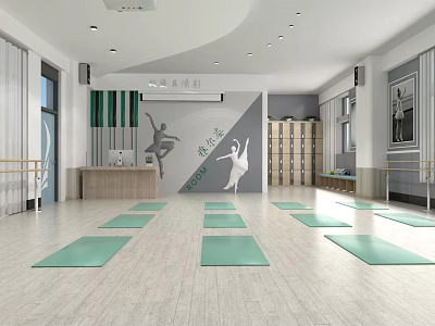 Indoor Yoga Fitness Studio With Green Mats Dancer Silhouette And Wooden Lockers 3d model