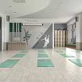 Indoor Yoga Fitness Studio With Green Mats Dancer Silhouette And Wooden Lockers