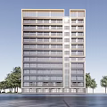 Modern High Rise Office Building With Glass Curtain Wall Large Windows And Surrounding Trees