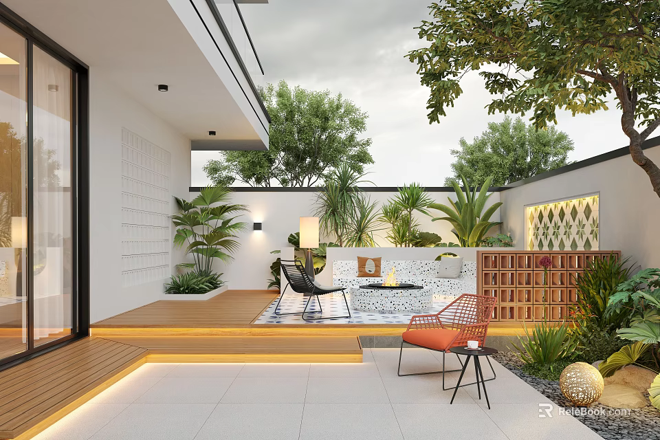 Outdoor Courtyard Garden Design With Wooden Deck Tiles Orange Black Chairs Plants And Lighting 3d model 