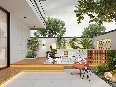 Outdoor Courtyard Garden Design With Wooden Deck Tiles Orange Black Chairs Plants And Lighting 3d model
