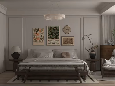 Minimalist Bedroom Interior With Bed Decorative Paintings Chandelier Nightstands And Table Lamps 3d model