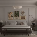 Minimalist Bedroom Interior With Bed Decorative Paintings Chandelier Nightstands And Table Lamps