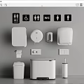 Public Restroom Facilities Including Toilet Paper Dispensers Soap Dispensers Trash Cans Toilet Bowls And Signage
