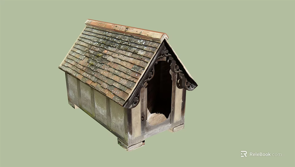 Vintage Wooden Dog House With Mossy Tile Roof And Carved Details 3d model 