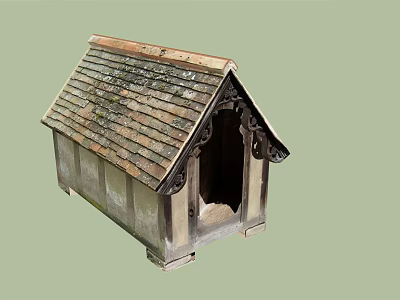 Vintage Wooden Dog House With Mossy Tile Roof And Carved Details 3d model