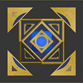 Gold And Blue Geometric Polyhedrons Arranged Around Central Cube With Reflections On Dark Background