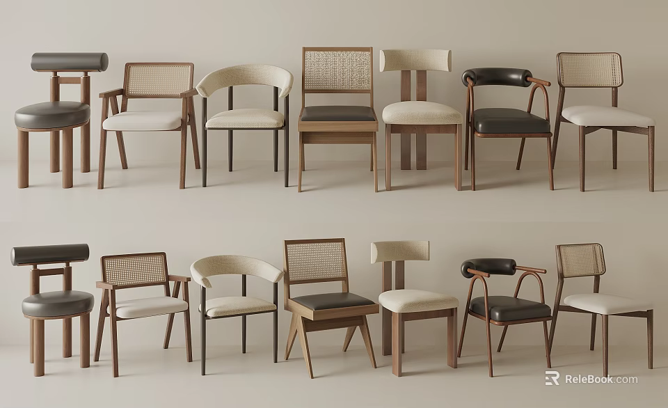 Various Modern Dining Chairs With Wooden Frames Rattan Backs And Upholstered Seats 3d model 