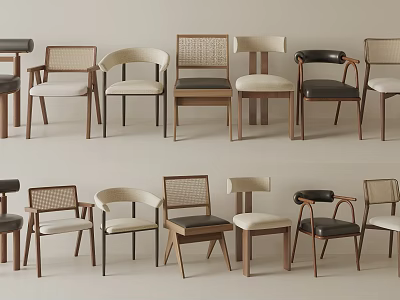 Various Modern Dining Chairs With Wooden Frames Rattan Backs And Upholstered Seats 3d model