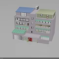 Multi Story Building With Blue Green Roofs Balconies Roll Up Doors And Red Door