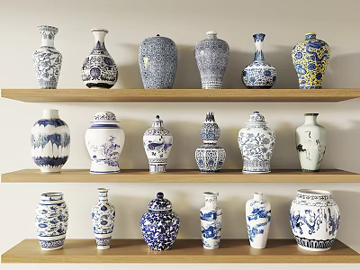 Decorative Ceramic Vessels Displayed on Wooden Shelves with Blue and White Patterns 3d model