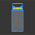 Blue Three Tier Storage Shelf with Yellow Handle Black Support Legs and Open Shelves
