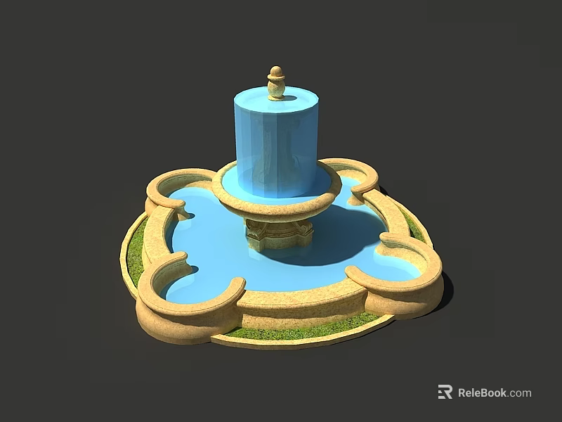 Blue Multi Tiered Garden Ornament Fountain With Beige Base And Green Grass 3d model 