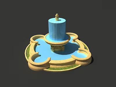 Blue Multi Tiered Garden Ornament Fountain With Beige Base And Green Grass 3d model