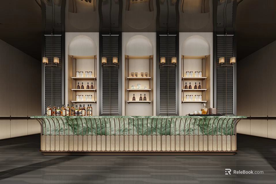 Sales Office Interior With Green Marble Counter Arched Display Shelves And Decorative Lights 3d model 
