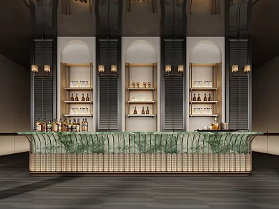 Sales Office Interior With Green Marble Counter Arched Display Shelves And Decorative Lights 3d model