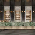 Sales Office Interior With Green Marble Counter Arched Display Shelves And Decorative Lights