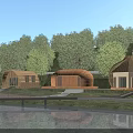 Dome Shaped Wooden Houses By Lakeside With Green Trees Grass And Calm Water