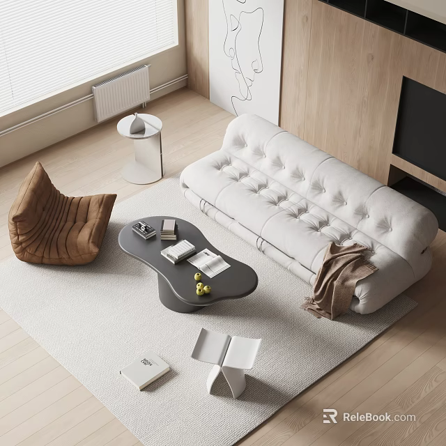 Modern Tufted Light Gray Sofa And Black Coffee Table Set With Books Decorative Items 3d model