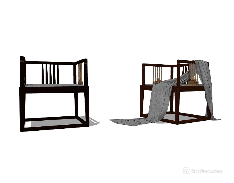 Two Simple Wooden Leisure Chairs With Classic Frame And Gray Blanket Draped 3d model 