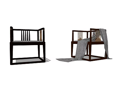 Two Simple Wooden Leisure Chairs With Classic Frame And Gray Blanket Draped 3d model