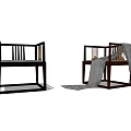 Two Simple Wooden Leisure Chairs With Classic Frame And Gray Blanket Draped