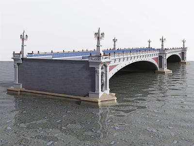 Historic Stone Arch Bridge With Lamp Posts And Decorative Columns Over Water 3d model
