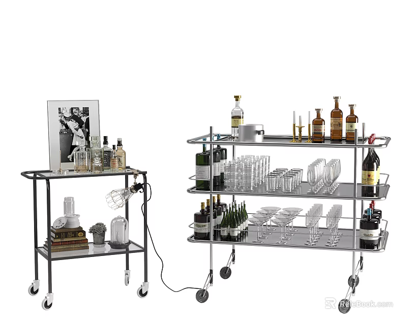 Stylish Metal Bar Carts With Liquor Bottles Glassware And Decorative Items 3d model 