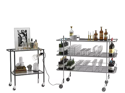 Stylish Metal Bar Carts With Liquor Bottles Glassware And Decorative Items 3d model