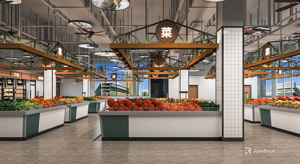 Fresh Supermarket Produce Section With Bright Lighting And Organized Fruit Vegetable Display Shelves 3d model 