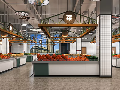 Fresh Supermarket Produce Section With Bright Lighting And Organized Fruit Vegetable Display Shelves 3d model