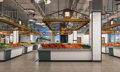 Modern Vegetable Market Farmers Market Stalls Fruit Shop Seafood Grain Oil Zone Shelf Service Desk 3d model