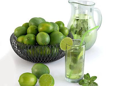 Refreshing Lime Mint Drink in Glass Pitcher with Fresh Limes and Mint Leaves 3d model