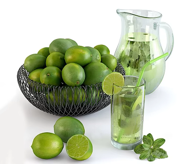 Refreshing Lime Mint Drink in Glass Pitcher with Fresh Limes and Mint Leaves 3d model