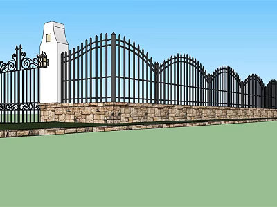 Black Iron Arched Entrance Gate With White Pillar And Stone Wall Base Design 3d model