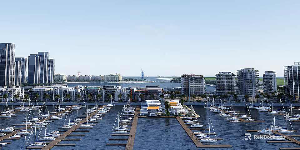 Harbor Scenery With Sailboats Docked At Marina And Surrounding Buildings Under Clear Sky 3d model 