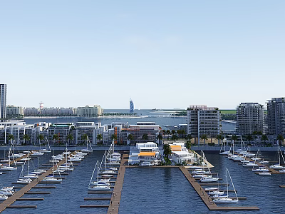 Harbor Scenery With Sailboats Docked At Marina And Surrounding Buildings Under Clear Sky 3d model