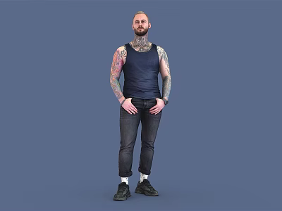 Tattooed Man In Sleeveless Tank Top And Jeans Standing Against Blue Background 3d model